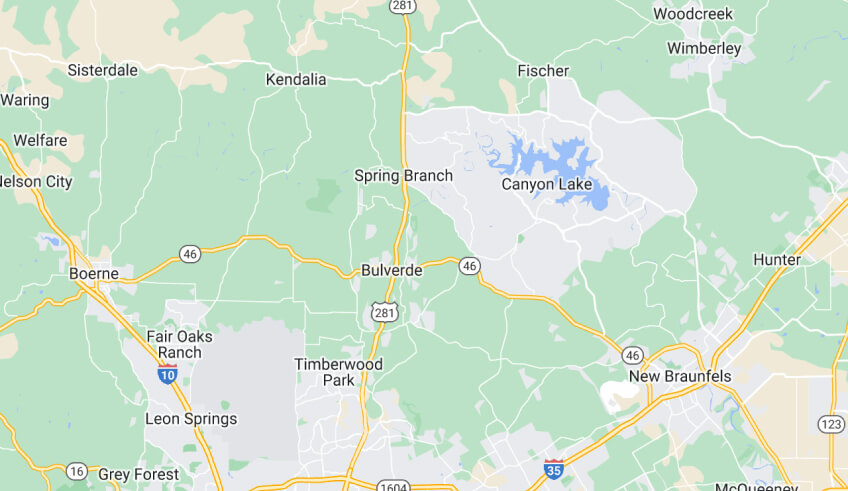 Map of Texas, showing Spring Branch and Bulverde
